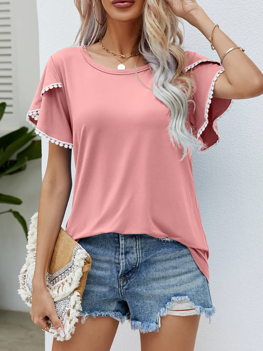 Pom-Pom Trim Flutter Sleeve Round Neck Tee, image 5