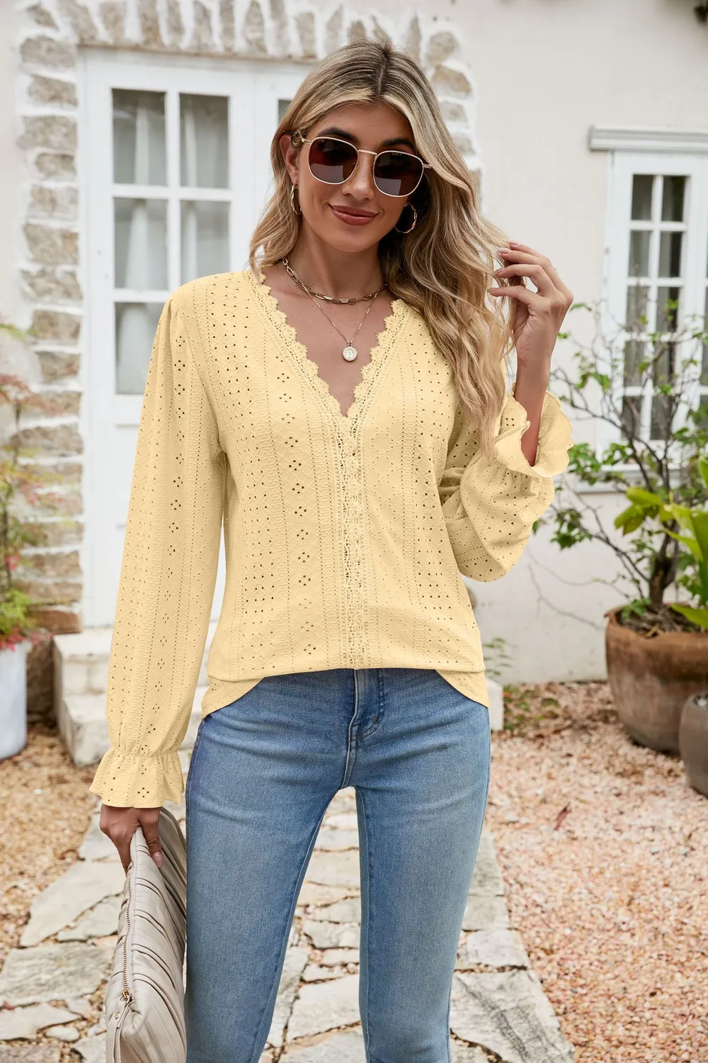 Eyelet Lace Trim Flounce Sleeve Blouse, image 6
