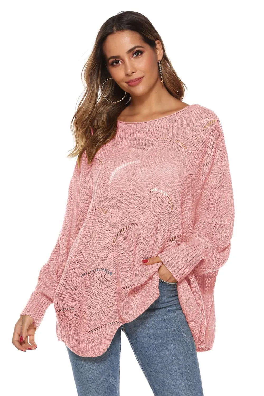 Round Neck Long Sleeve Openwork Sweater, image 11