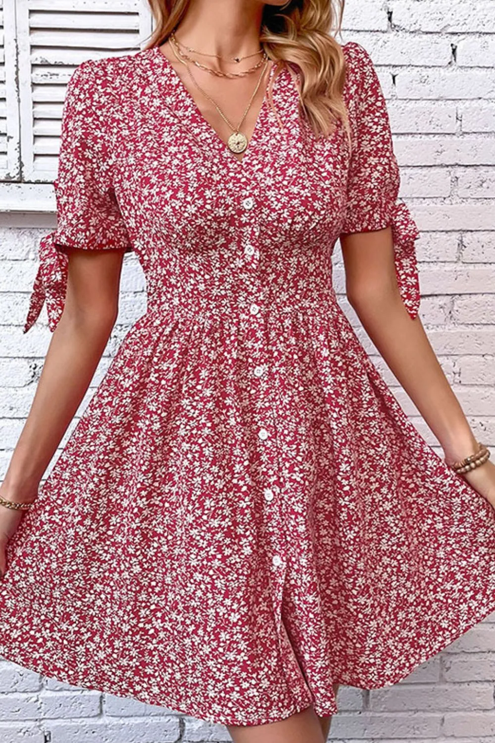 Ditsy Floral Tied Puff Sleeve Button Front Dress, image 3