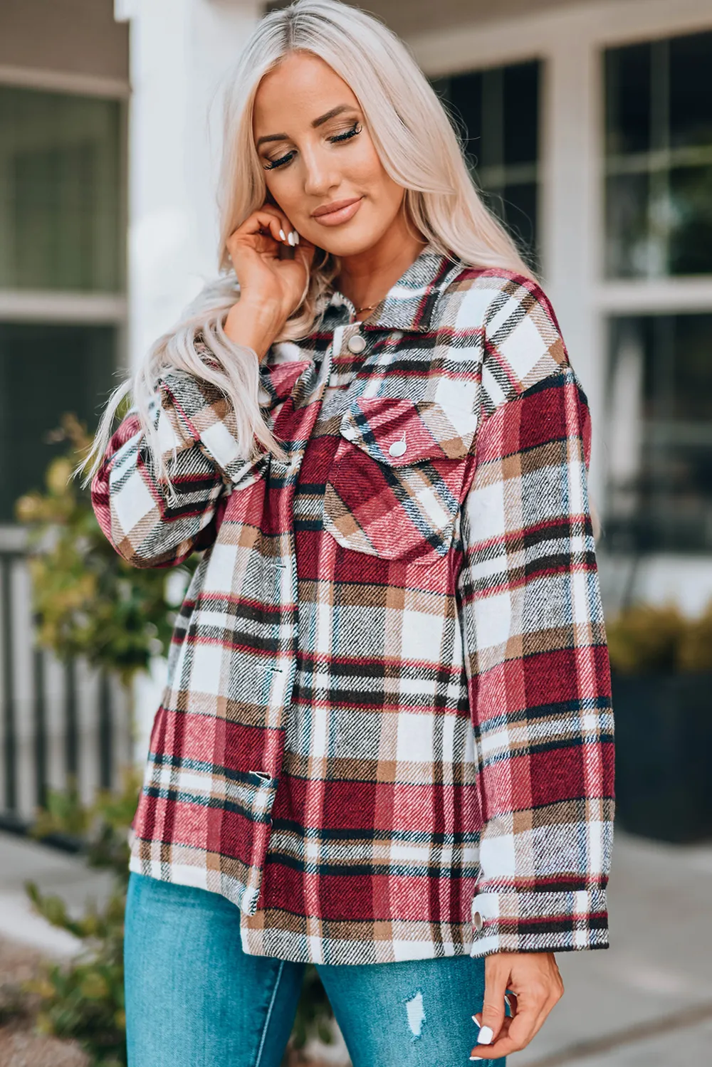 Plaid Button Front Shirt Jacket with Breast Pockets, image 3