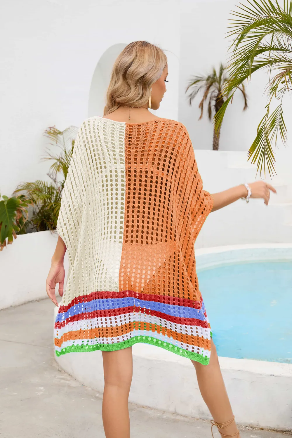 Contrast Scoop Neck Openwork Half Sleeve Cover Up, image 9