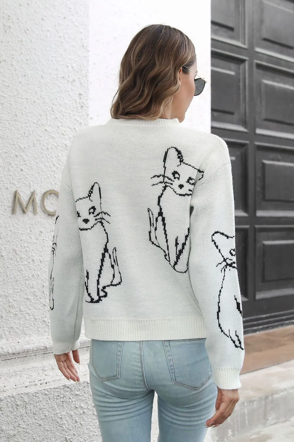 Cat Pattern Round Neck Long Sleeve Pullover Sweater, image 14