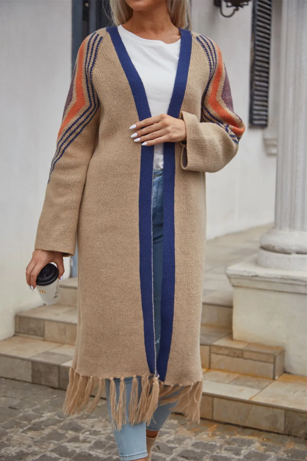 Geometric Fringe Hem Open Front Duster Cardigan, image 9