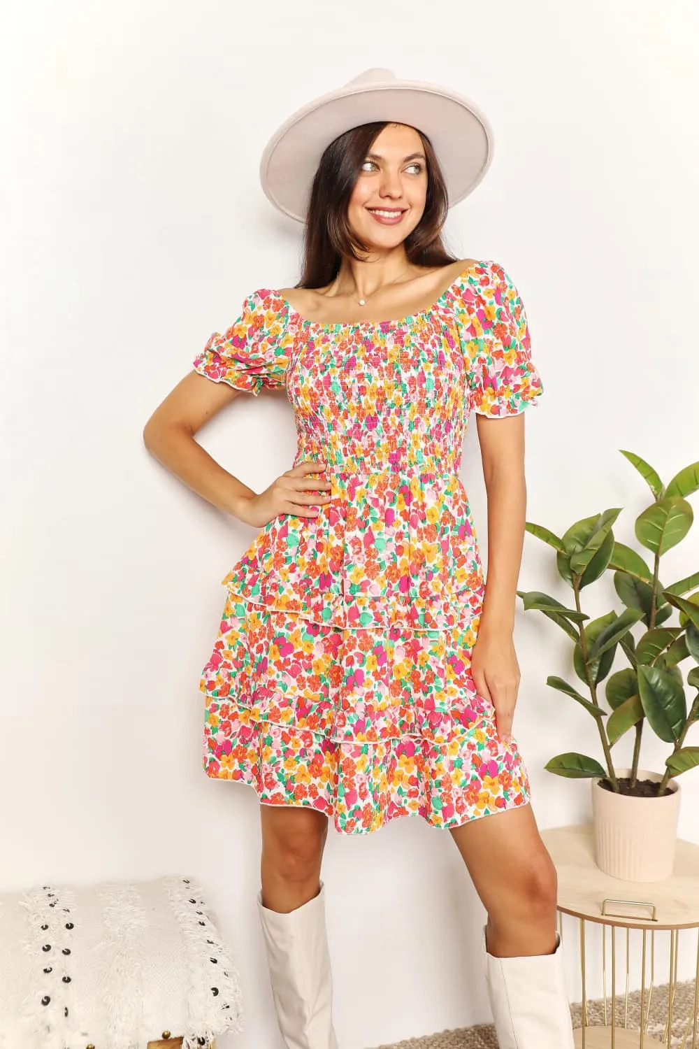 Smocked Sweetheart Neck Flounce Sleeve Mini Dress, image 3