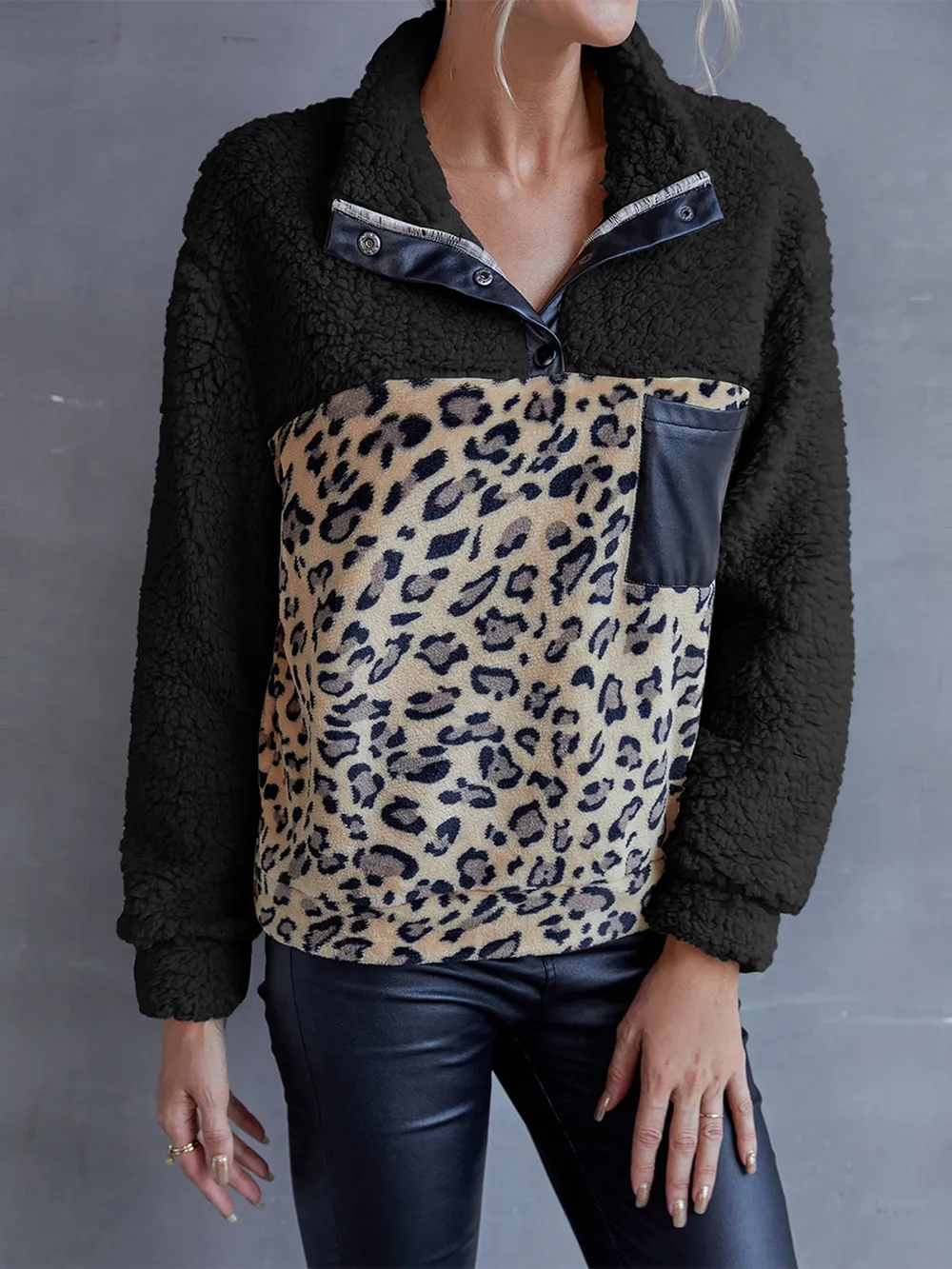 Leopard Quarter-Snap Teddy Sweatshirt, image 8