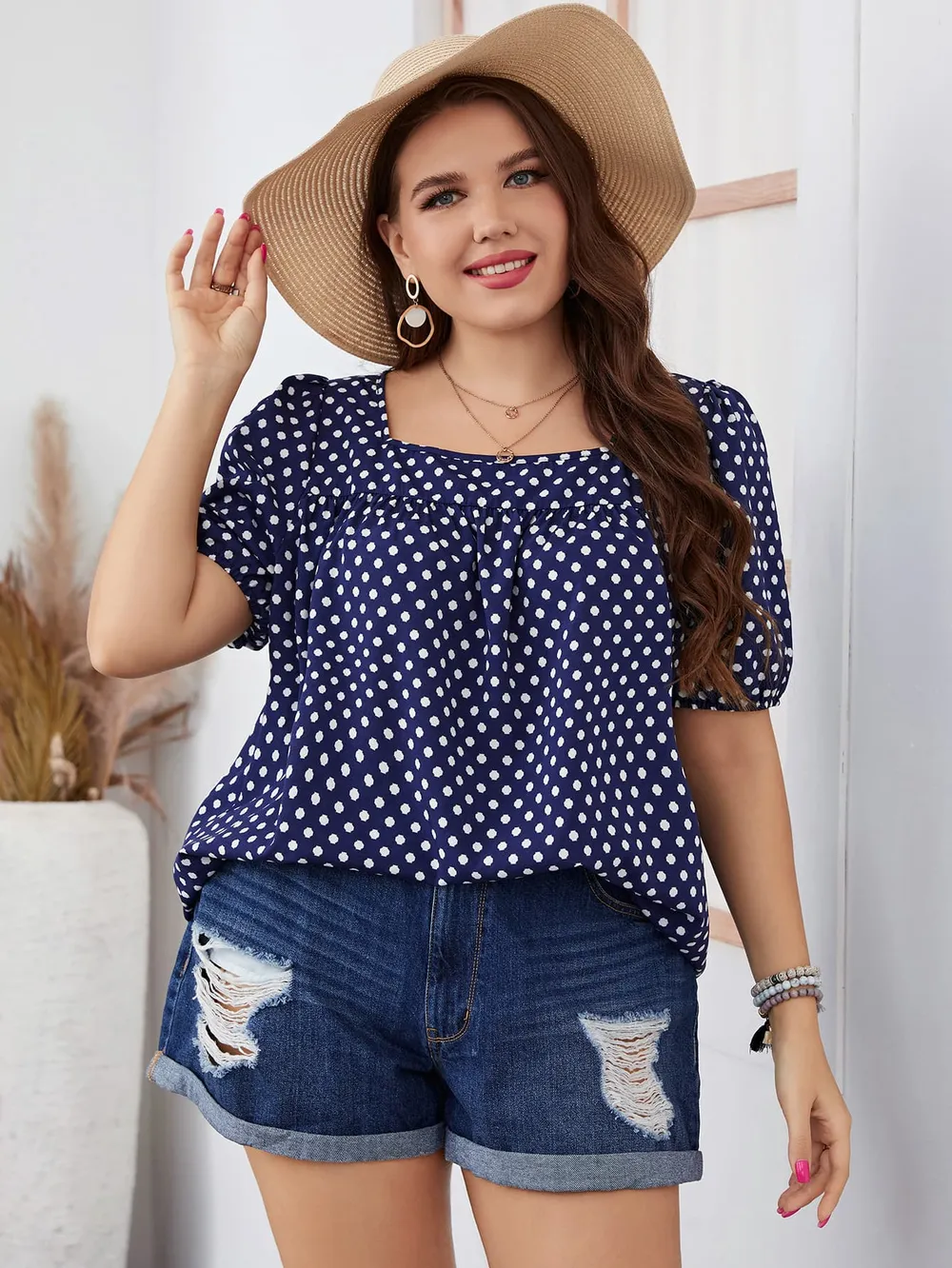 Plus Size Polka Dot Square Neck Blouse, image 3