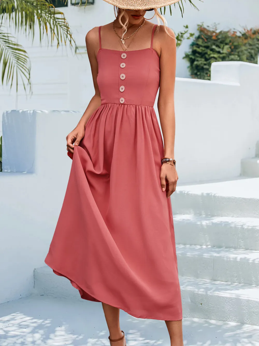 Decorative Button Spaghetti Strap Midi Dress, image 9