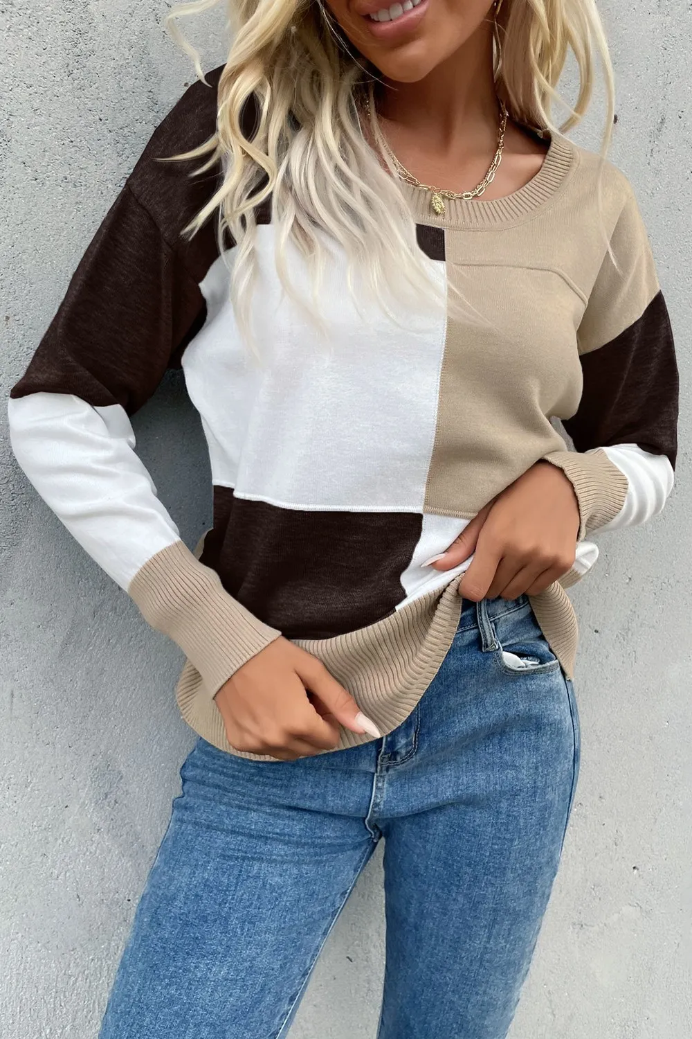 Color Block Ribbed Trim Round Neck Knit Pullover, image 12