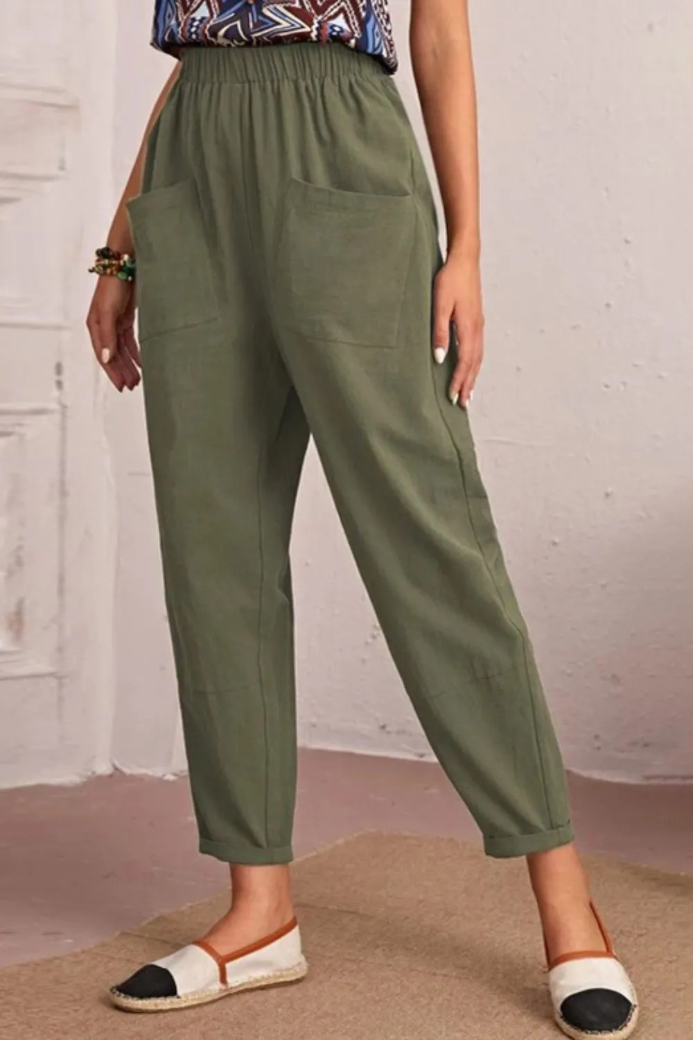 Elastic Waist Pocket Tapered Pants, image 3