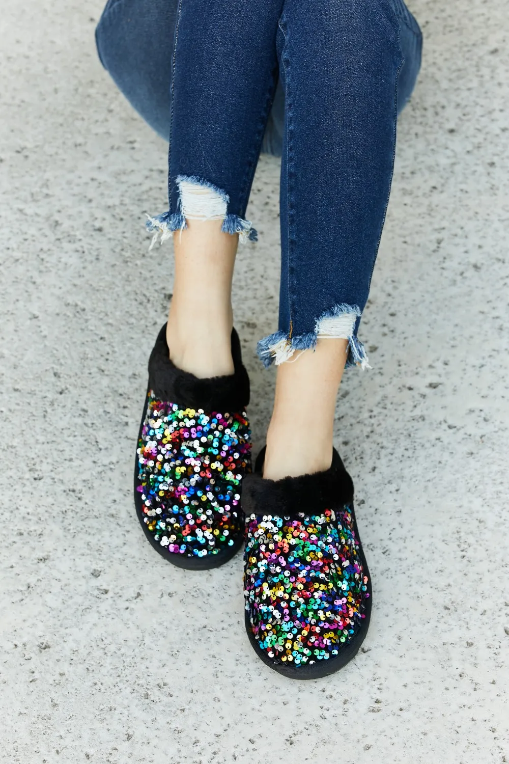 Multicolored Sequin Faux Fur Slipper, image 2