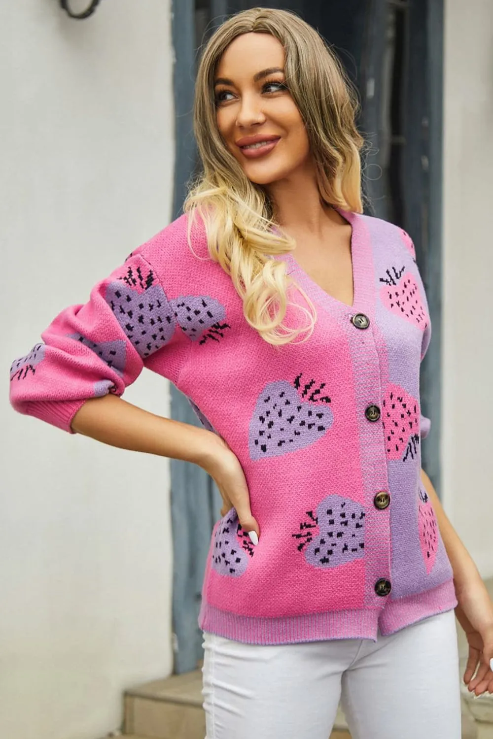 Printed V-Neck Button-Down Long Sleeve Cardigan, image 12
