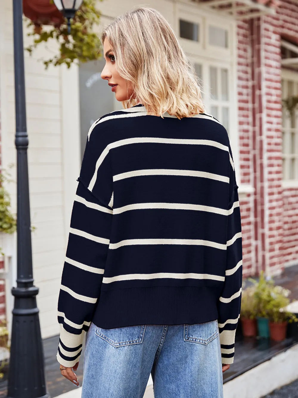 Striped Dropped Shoulder Notched Neck Knit Top, image 12