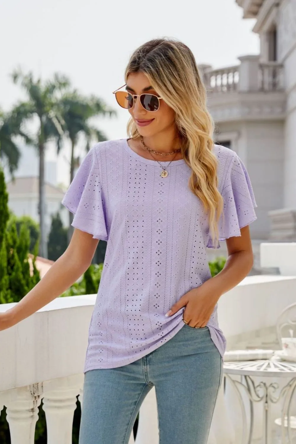 Eyelet Flutter Sleeve Round Neck Top, image 4