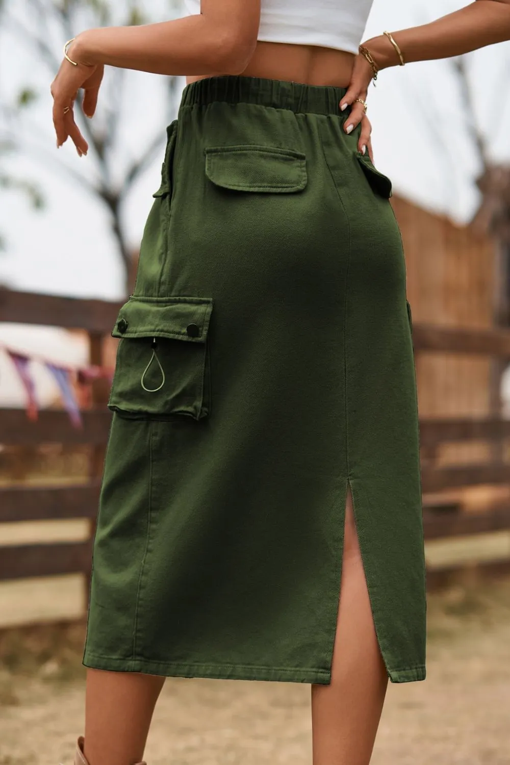 Drawstring Waist Slit Denim Skirt, image 8