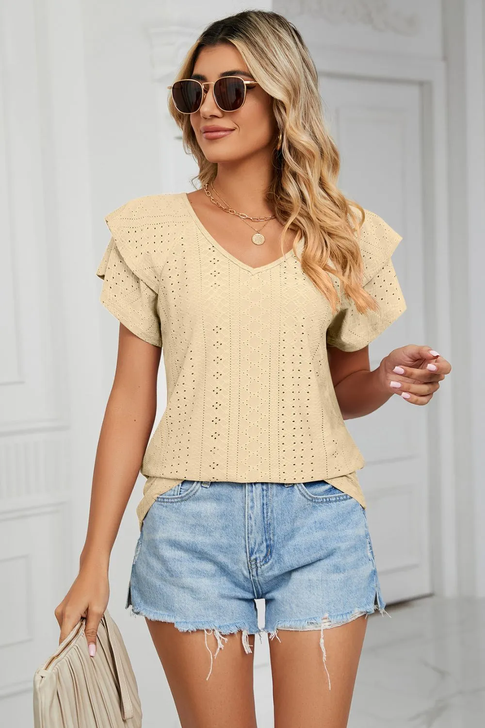 Eyelet Layered Flutter Sleeve V-Neck Knit Top, image 11