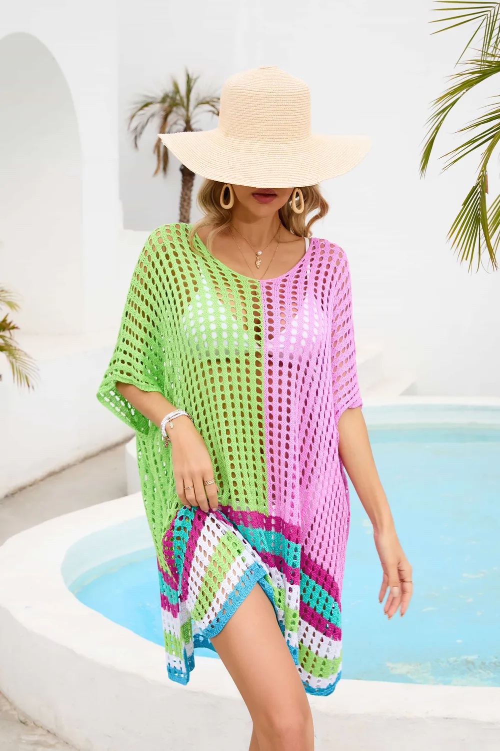 Contrast Scoop Neck Openwork Half Sleeve Cover Up, image 4