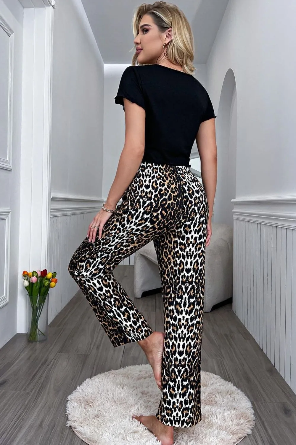 Lettuce Trim Cropped T-Shirt and Leopard Pants Lounge Set, image 2