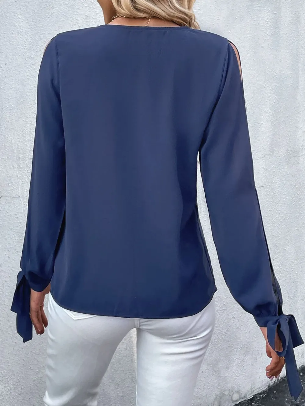 V-Neck Tie Cuff Slit Blouse, image 9