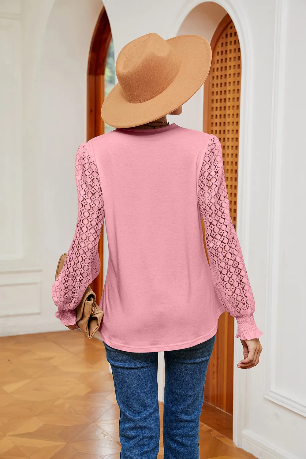 Contrast V-Neck Long Sleeve Blouse, image 7