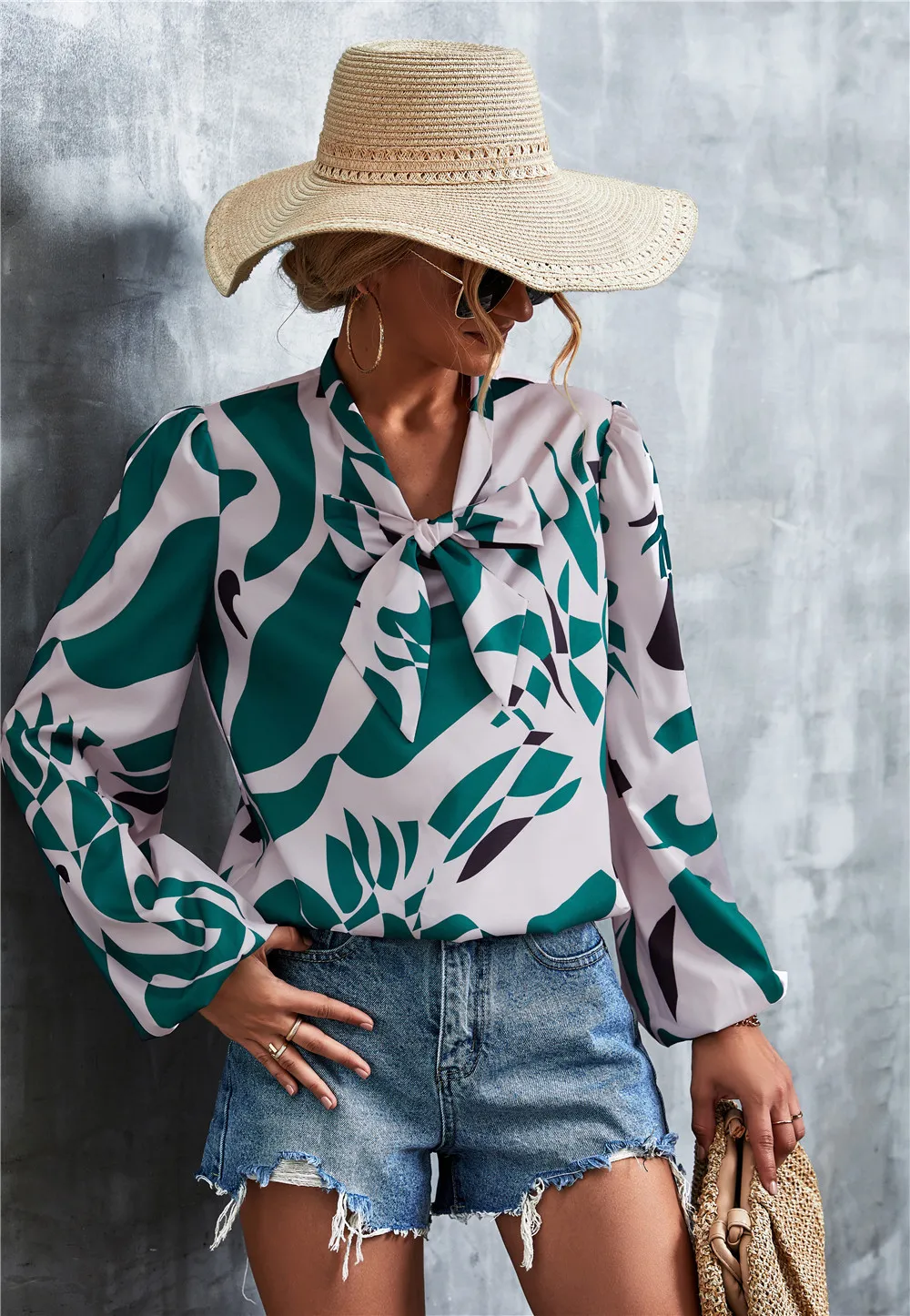 Printed Tie Neck Puff Sleeve Blouse, image 7