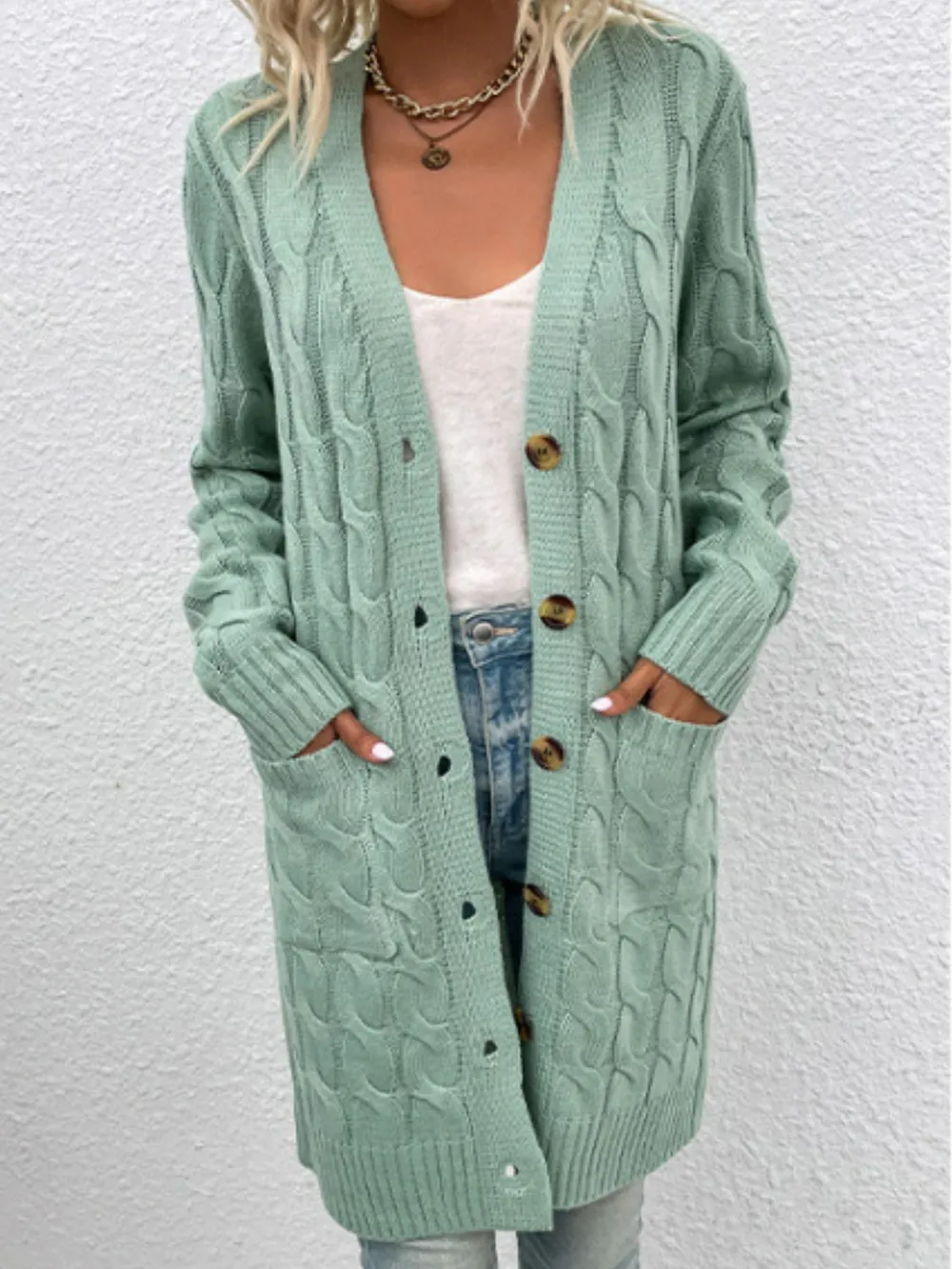 Cable-Knit Button Down Cardigan with Pockets, image 14