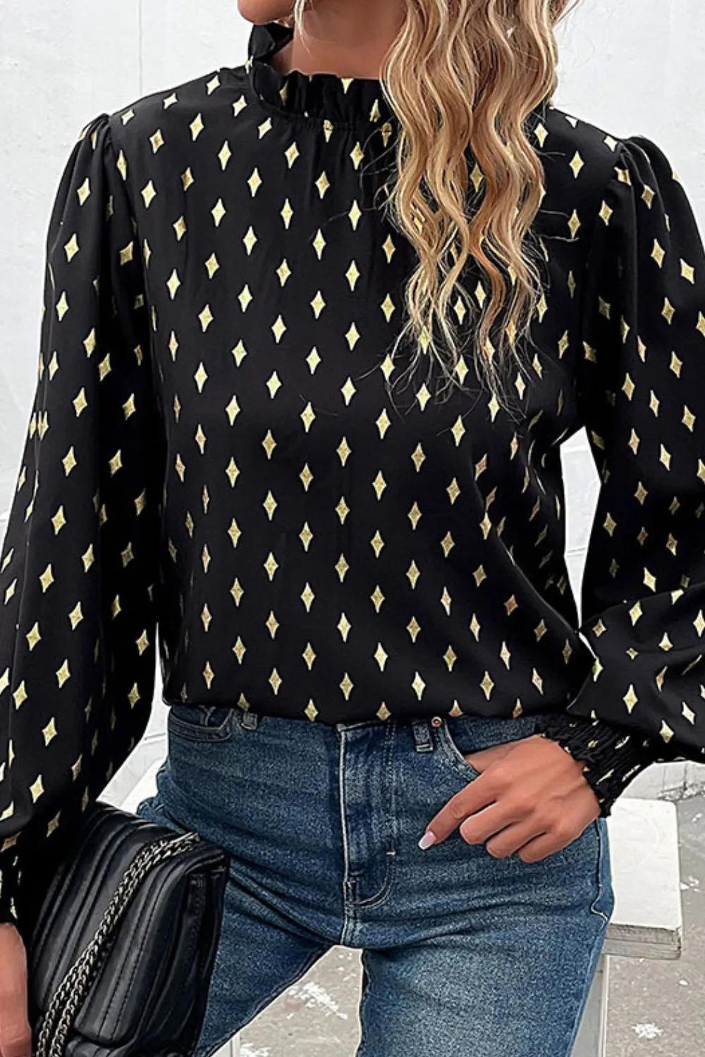Geometric Print Frill Neck Lantern Sleeve Blouse, image 4