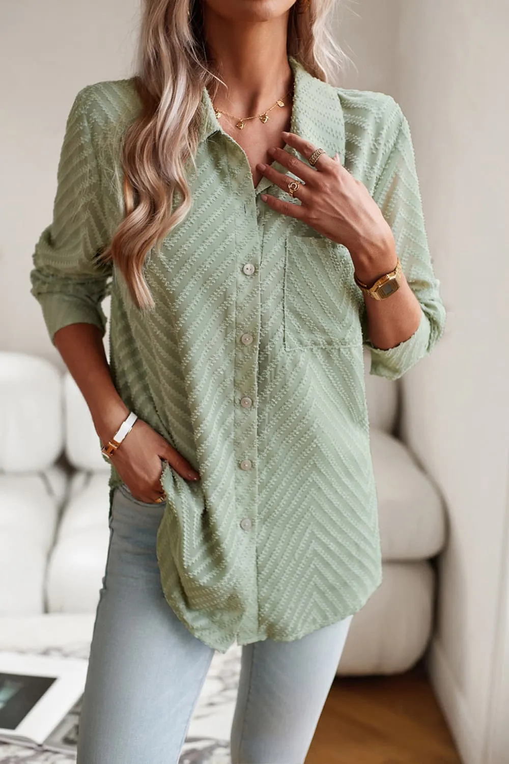 Collared Neck Long Sleeve Pocketed Shirt, image 7