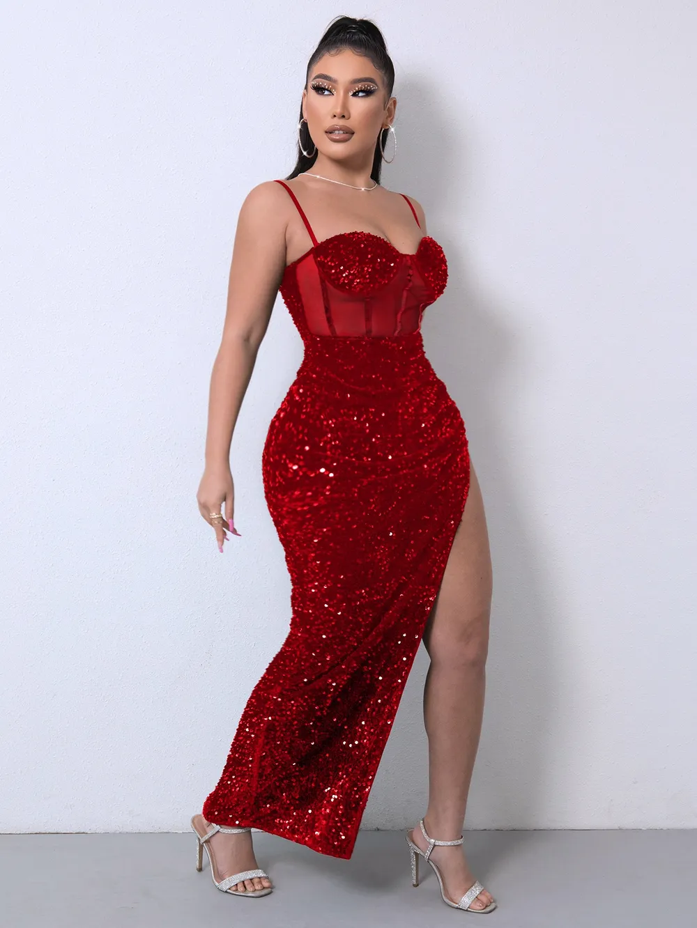 Sequin Spliced Mesh Adjustable Strap Dress, image 3