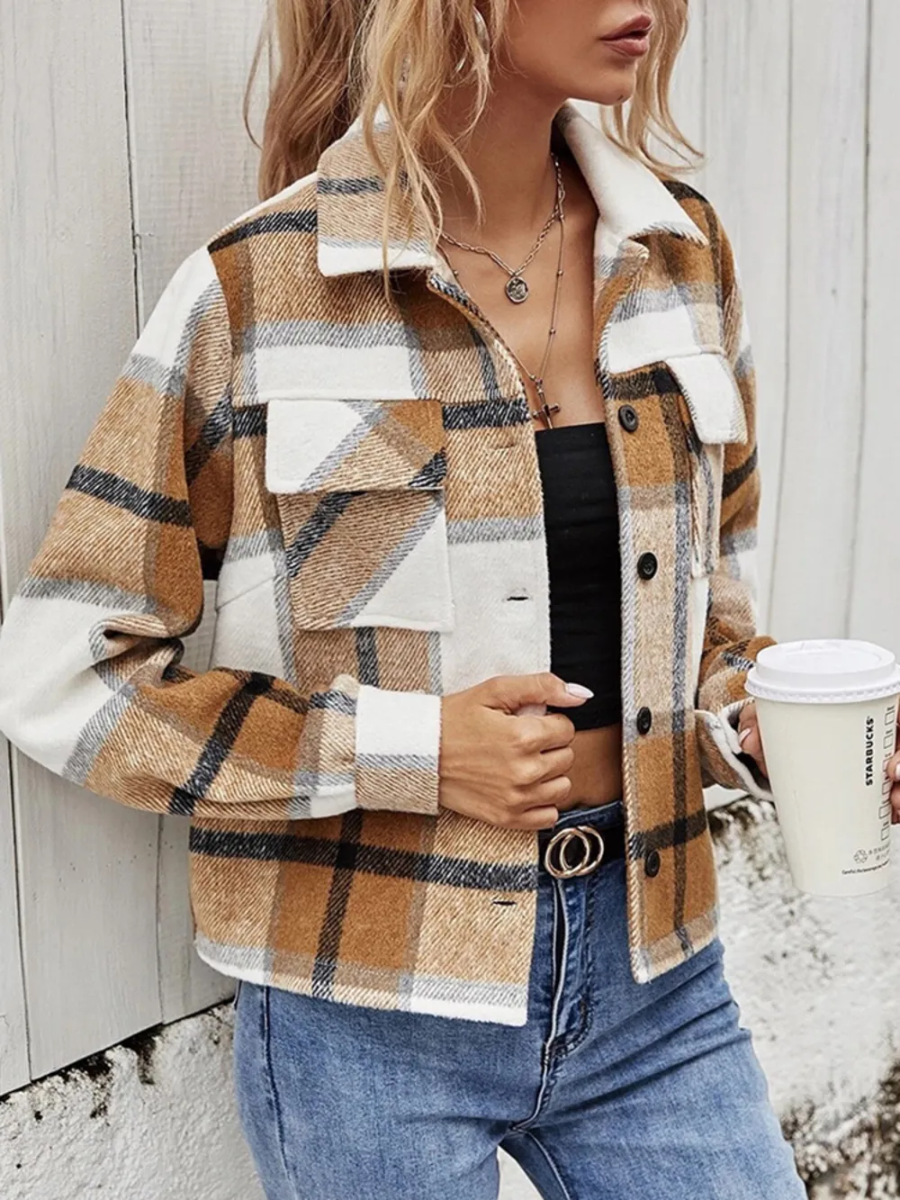 Plaid Collared Neck Jacket with Breast Pockets, image 2