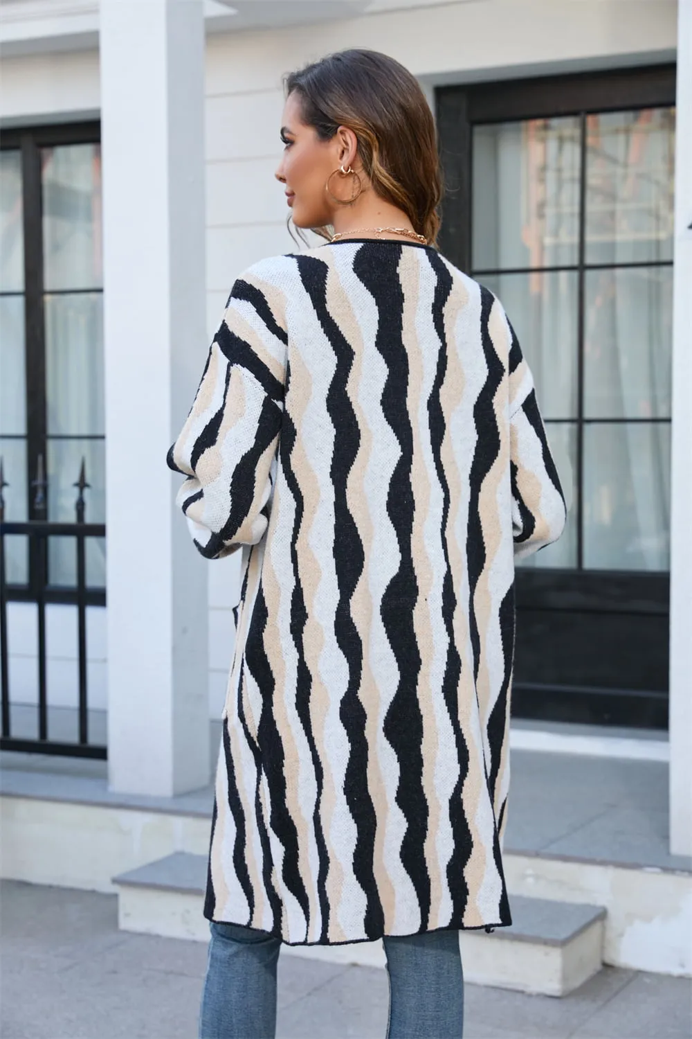 Printed Open Front Pocketed Cardigan, image 2