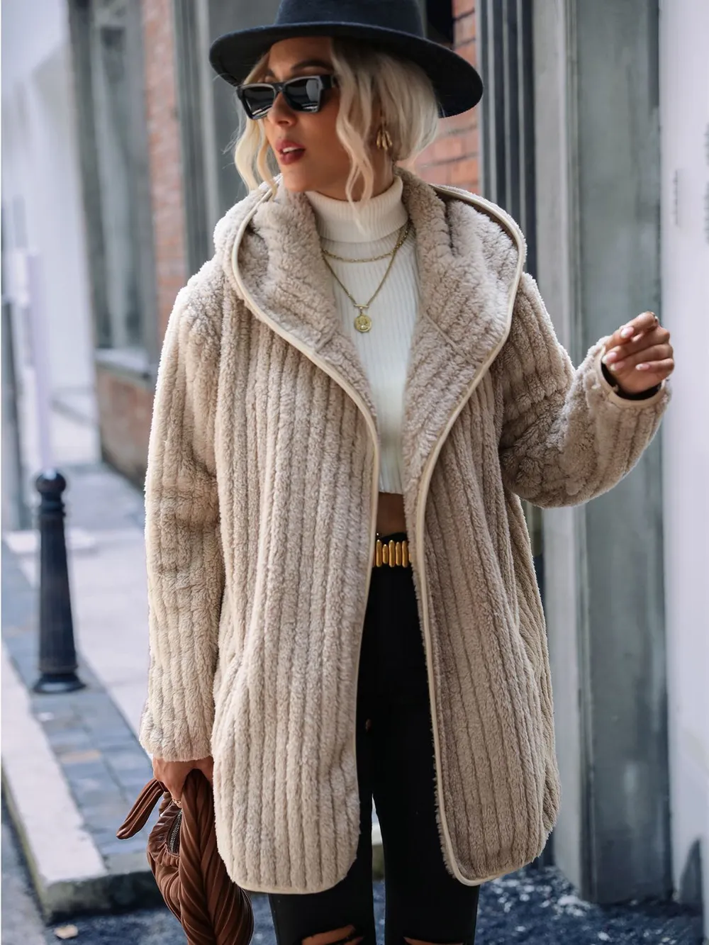 Open Front Ribbed Hooded Coat, image 2