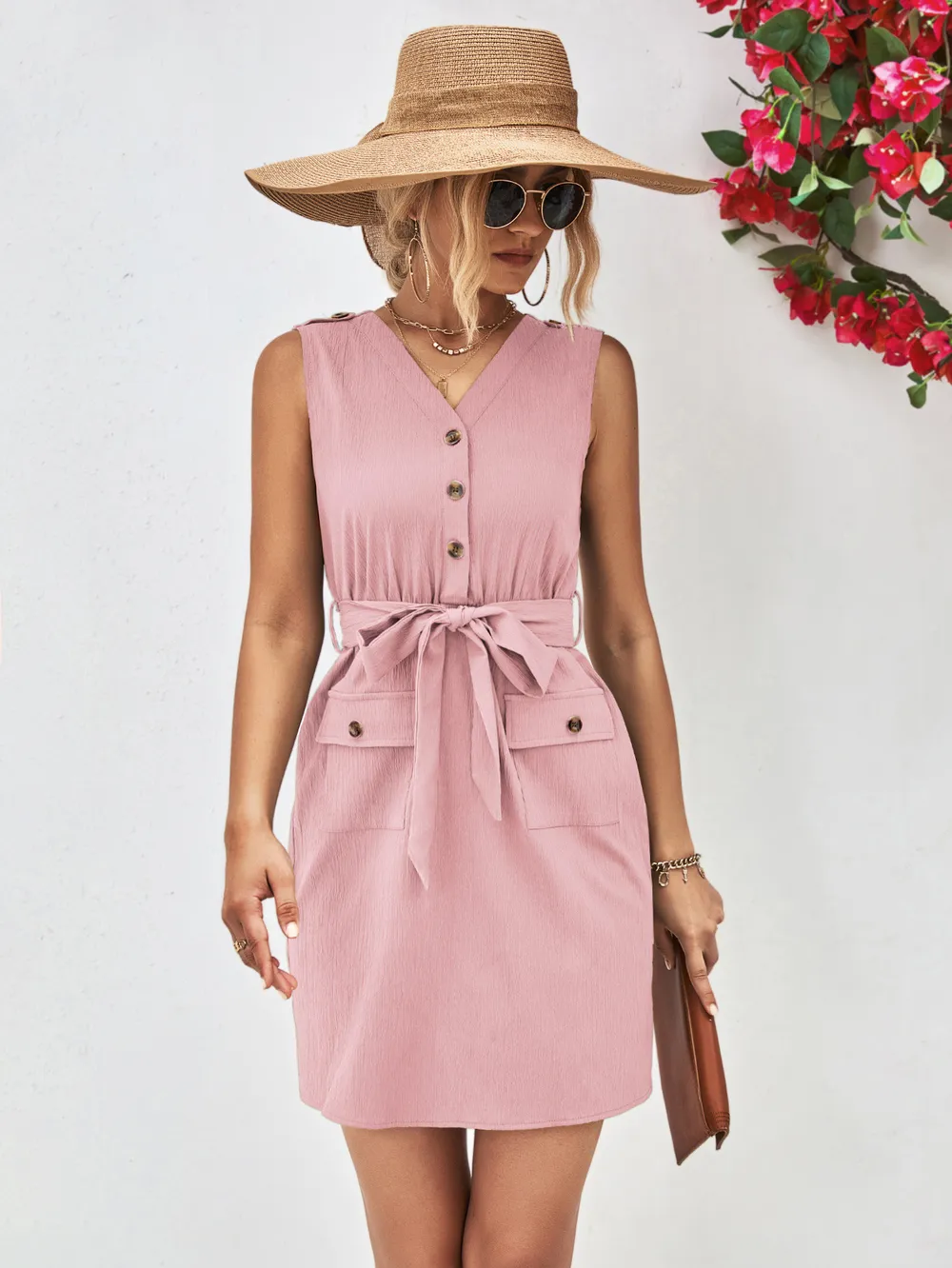 Buttoned V-Neck Belted Sleeveless Dress, image 4
