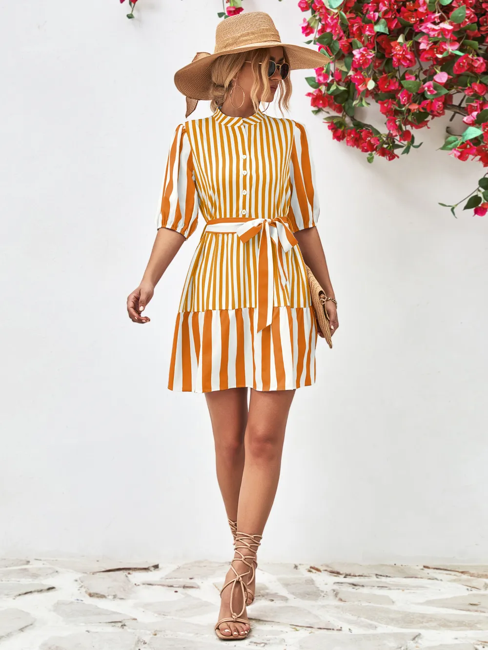 Striped Half Sleeve Tie Waist Mini Dress, image 7