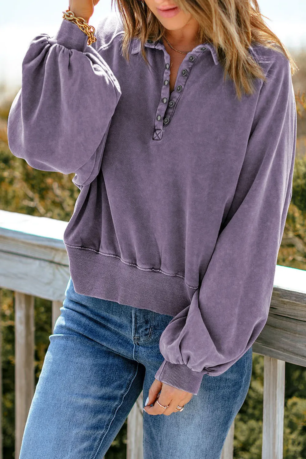 Quarter-Snap Collared Lantern Sleeve Sweatshirt, image 6