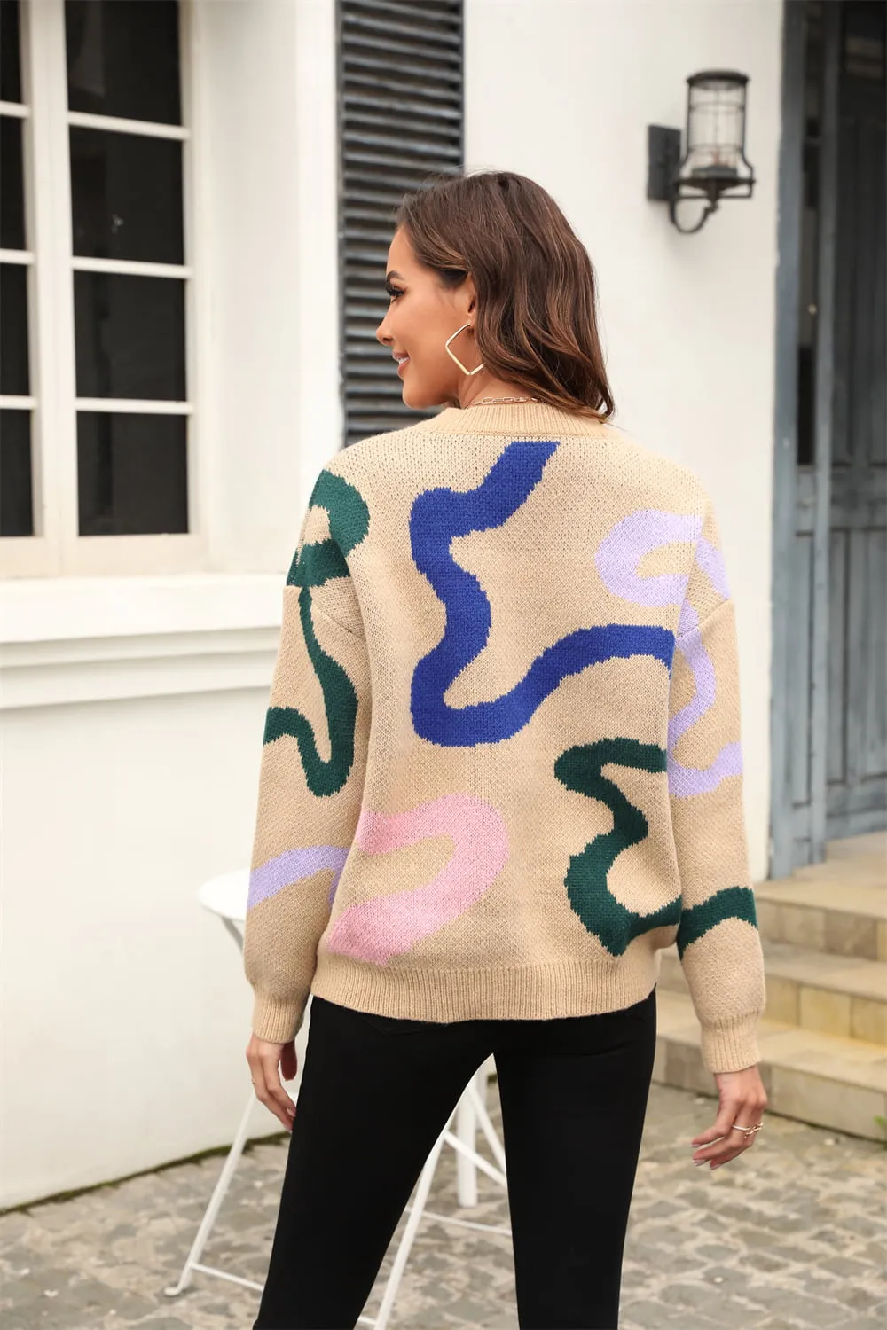 Printed Round Neck Dropped Shoulder Pullover Sweater, image 10