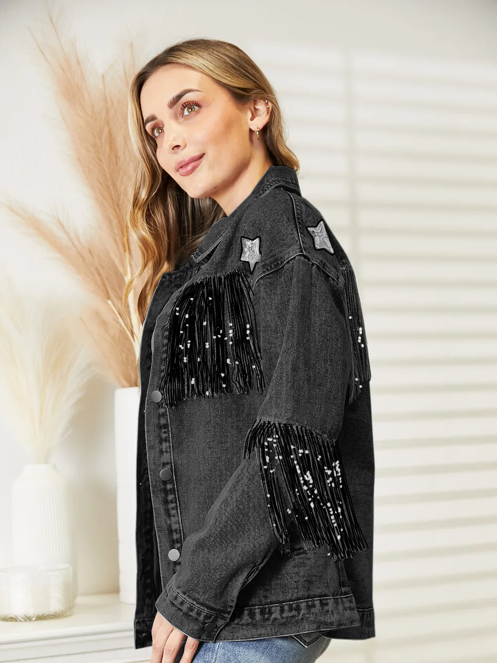 Fringe Detail Long Sleeve Denim Jacket, image 5