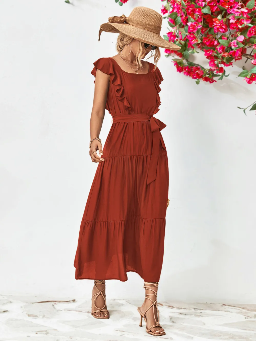 Tie Belt Ruffled Tiered Dress, image 3