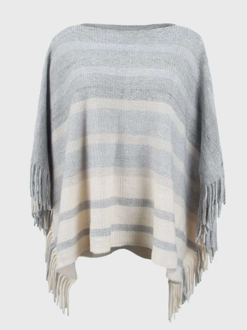 Striped Boat Neck Poncho with Fringes, image 13