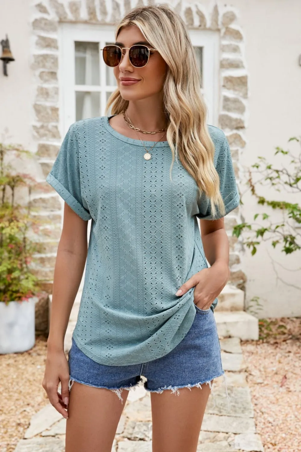 Full Size Round Neck Eyelet Short Sleeve Top, image 5