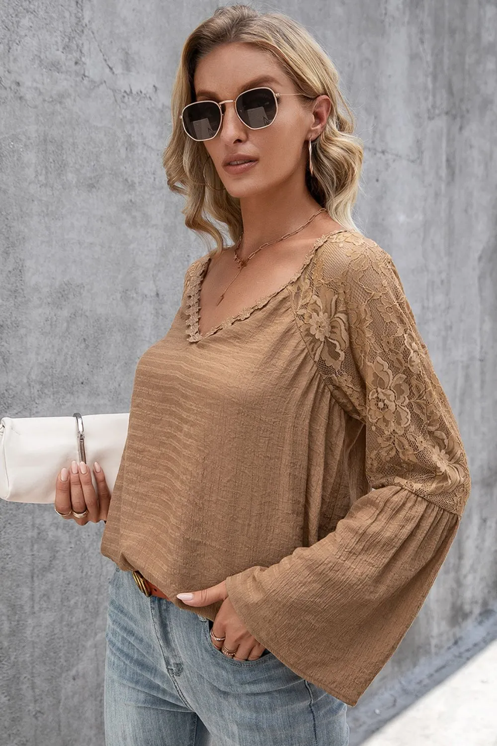 V-Neck Spliced Lace Flare Sleeve Top, image 6