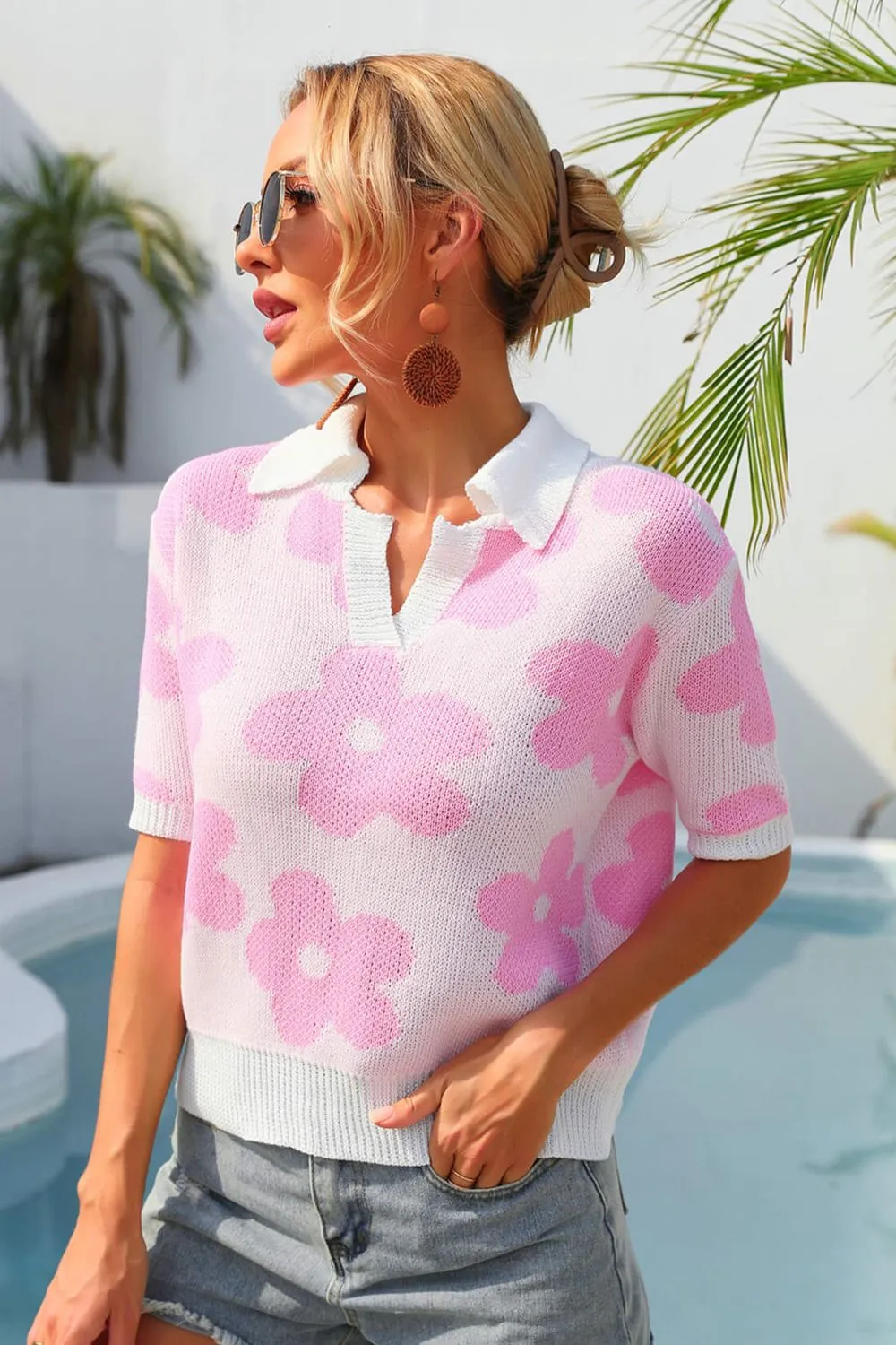 Floral Johnny Collar Half Sleeve Knit Top, image 8