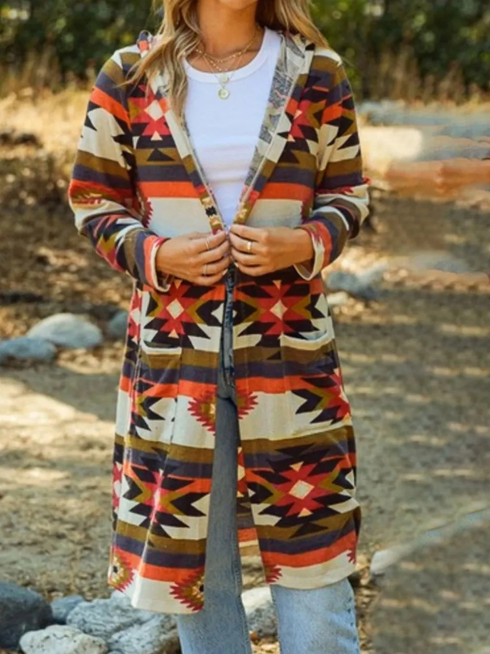 Geometric Hooded Cardigan with Pockets, image 3