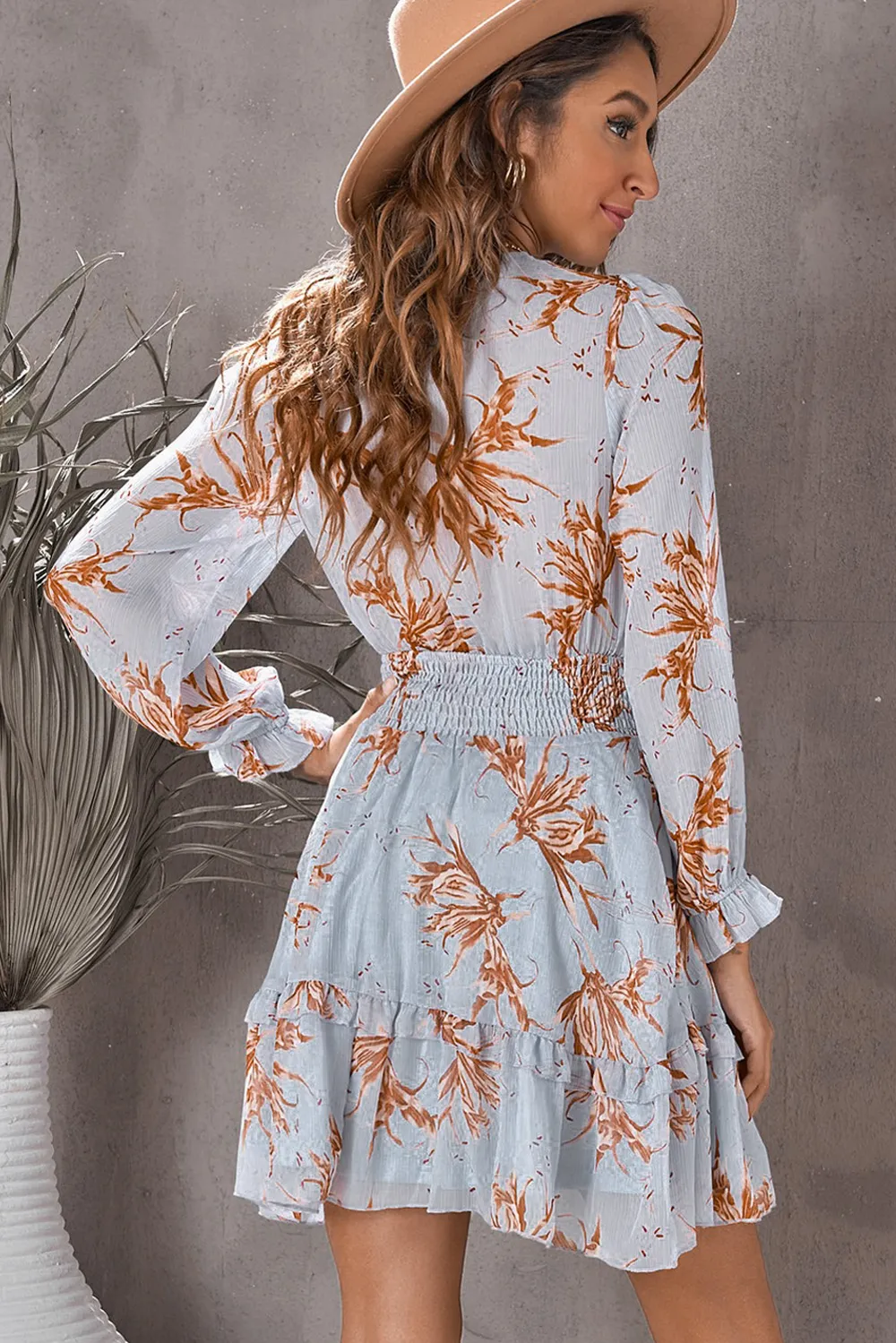 Floral Deep V Flounce Sleeve Mini Dress, image 8
