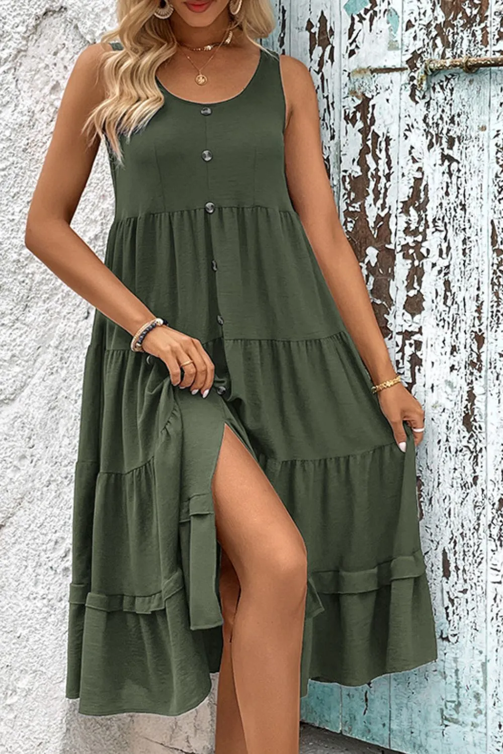 Decorative Button Scoop Neck Tiered Sleeveless Dress, image 6