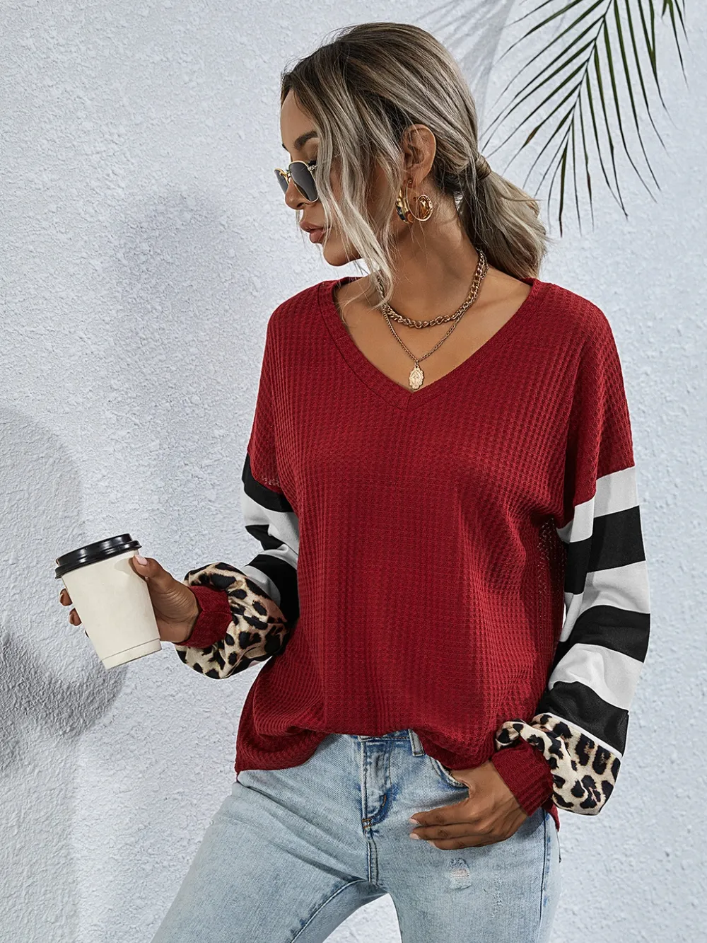 Leopard Striped Waffle-Knit Top, image 2