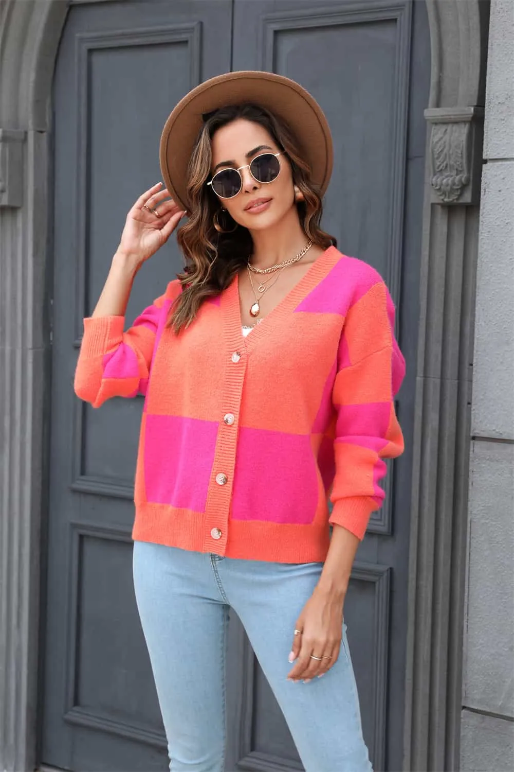 Plaid V-Neck Dropped Shoulder Cardigan, image 2