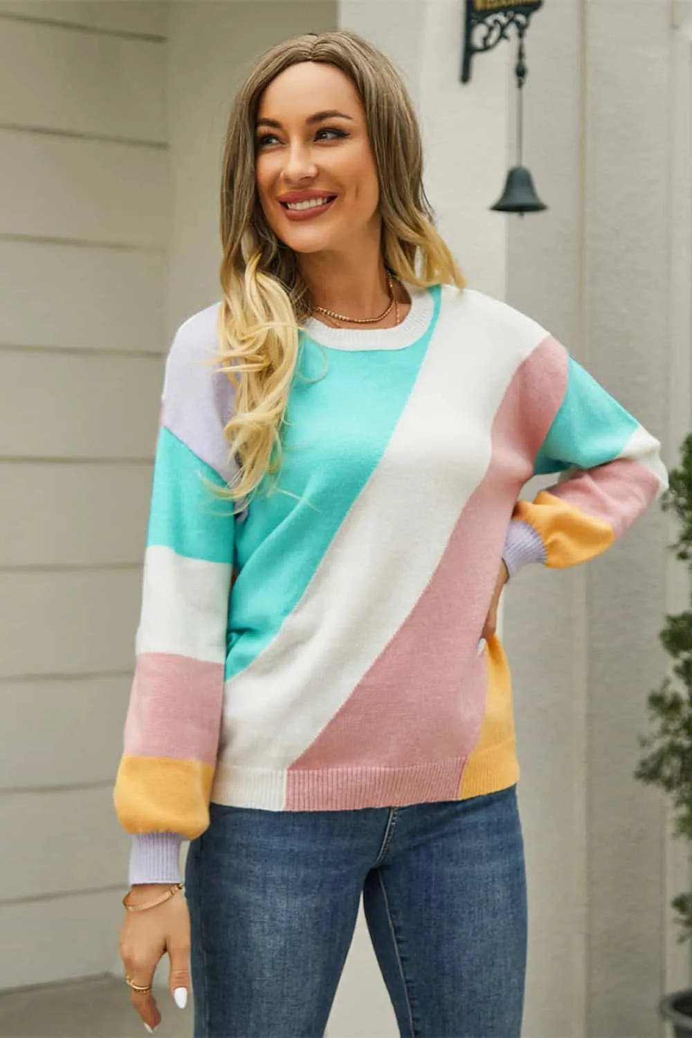 Color Block Round Neck Long Sleeve Sweater, image 7