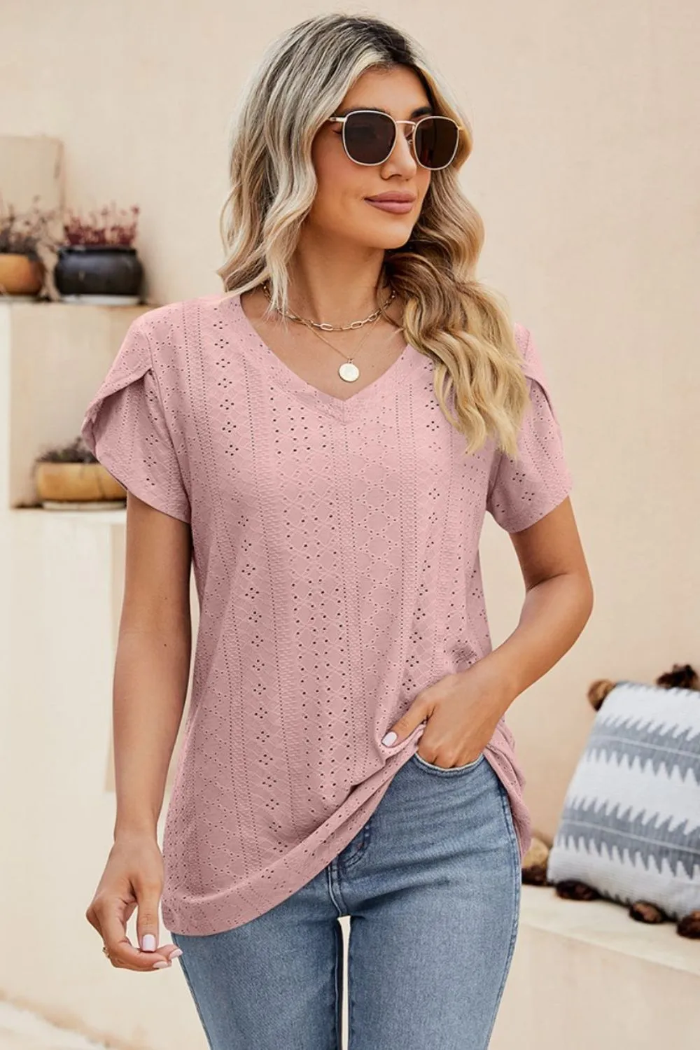 Eyelet Petal Sleeve V-Neck Knit Top, image 17