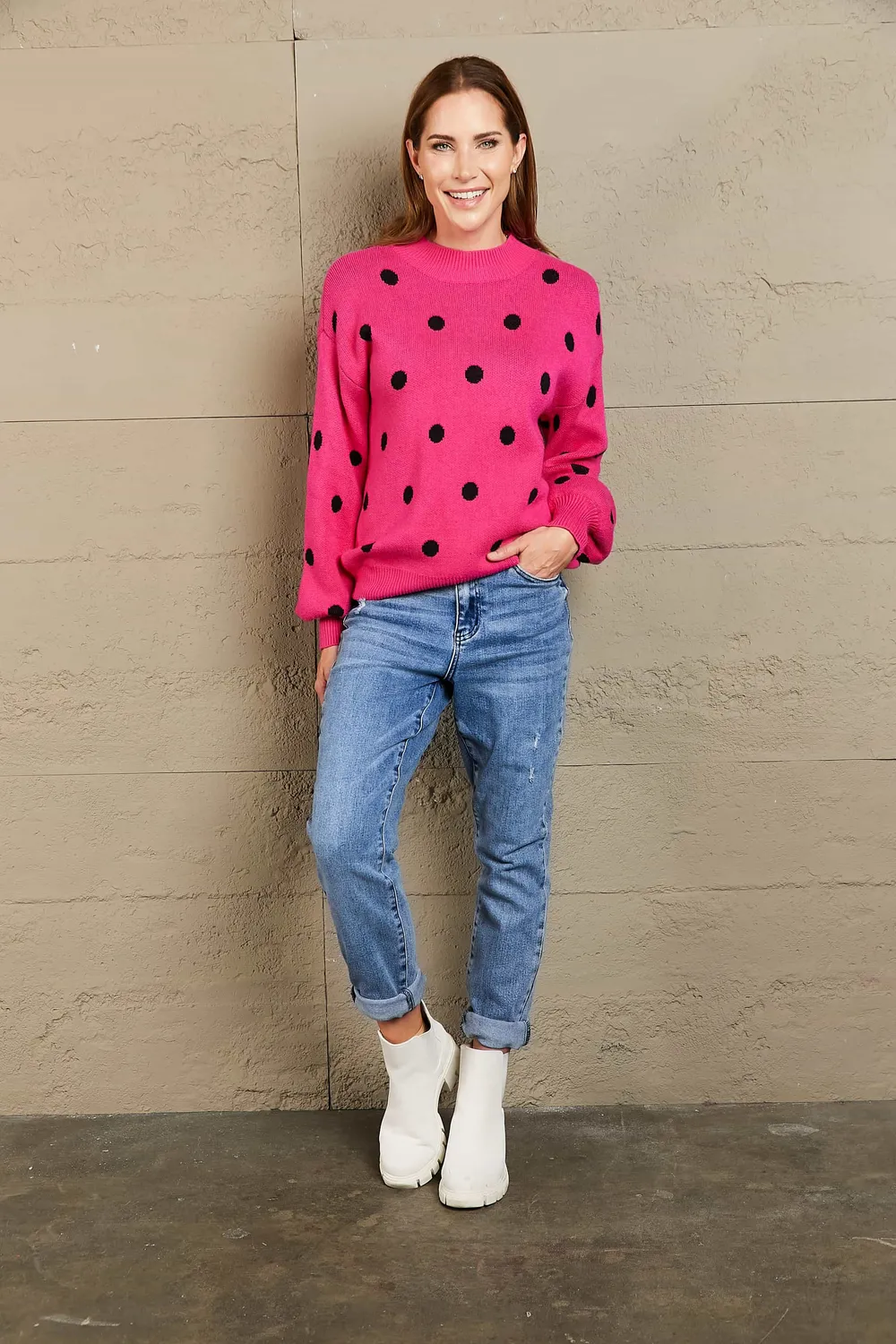 Polka Dot Round Neck Dropped Shoulder Sweater, image 4